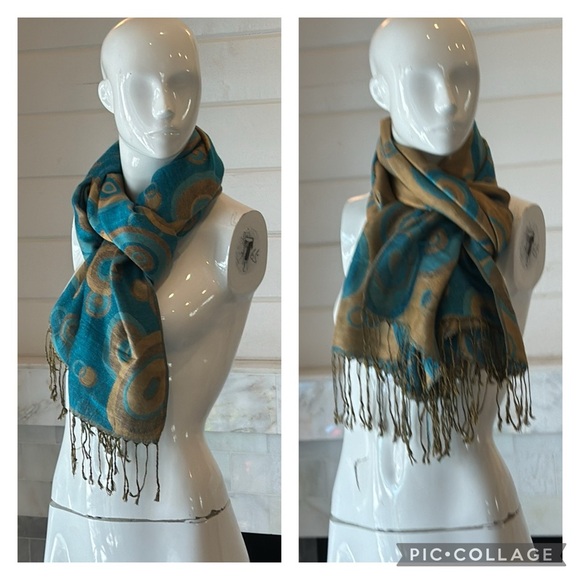 Reversible Turquoise & Brown Circle Print Fringe Pashmina Wrap Scarf or Sarong - Picture 2 of 13